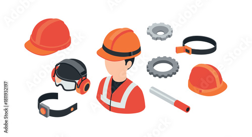 Construction safety equipment isometric set with helmet, goggles, earmuffs, and gear