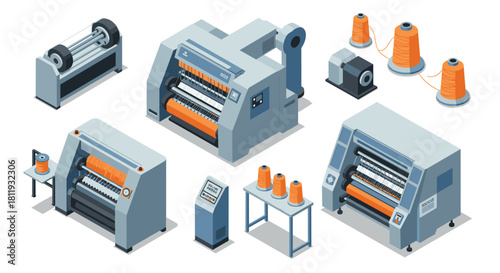 Industrial printing equipment isometric set with modern machines and tools