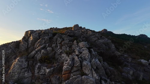Granite Rugged Mountain Peaks Of Monte Louro In The Province Of A Coruña, Galicia, Spain. Aerial Drone Shot 
