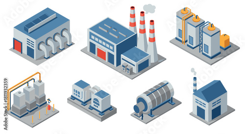 Isometric industrial buildings and factories set in blue and gray tones for engineering design
