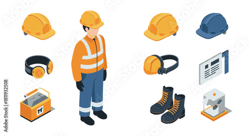 Isometric construction safety equipment with worker and tools set