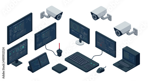 Isometric computer and surveillance setup with monitors and cameras