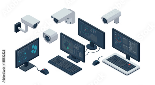 Isometric surveillance cameras and security system monitors in a modern workspace setting