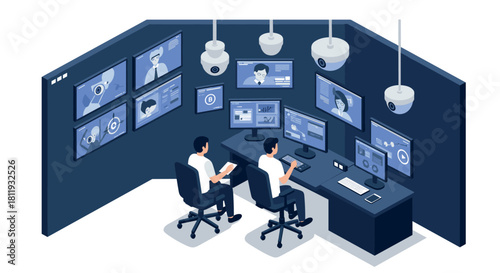 Surveillance control room with monitors, security cameras, and monitoring personnel in an isometric design
