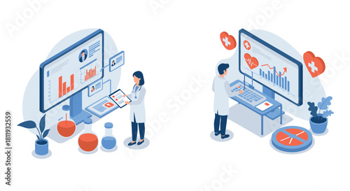 Healthcare professionals analyzing medical data on digital devices in isometric style
