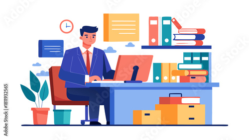 Man working at desk in office with books and computer