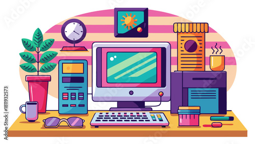 Colorful retro desk setup with computer and office supplies