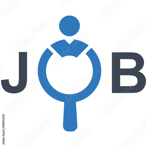Job Search Icon: A minimalist icon representing job searching, with a human figure integrated into a magnifying glass to symbolize the quest for employment and career opportunities.