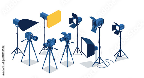 Professional photography equipment set with cameras and studio lights in isometric style