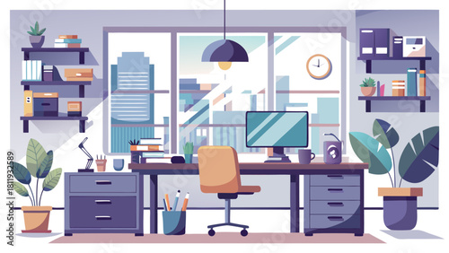 Modern home office with city view and natural light