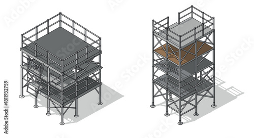Isometric construction scaffold structures with metal framework on white background
