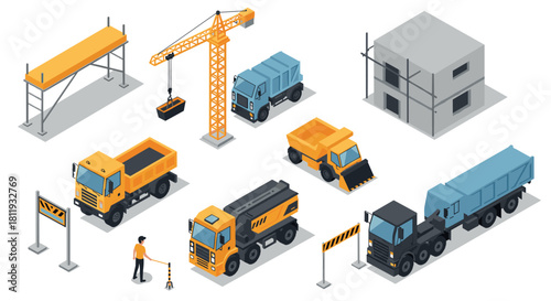 Construction site isometric set with trucks, crane, scaffolding, and building elements