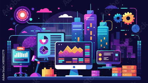 Futuristic digital cityscape with data and technology elements