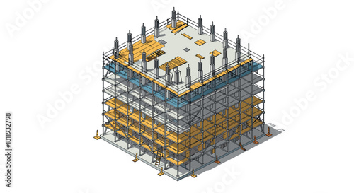 Isometric building construction with scaffolding and framework elements