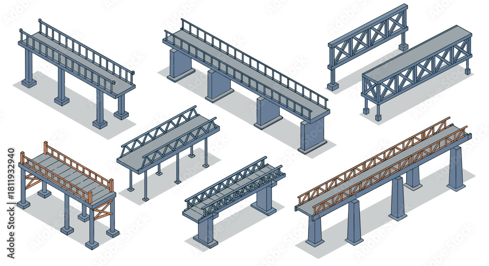 Naklejka premium Isometric bridge designs collection with columns and railings