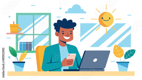 Man working on laptop and phone in a bright sunny office