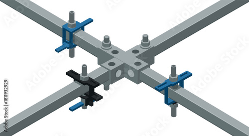 Metal grid joint with t-clamps in isometric 3d design for construction and engineering