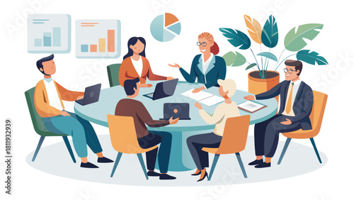 Diverse business team collaborating around a round table in a modern office