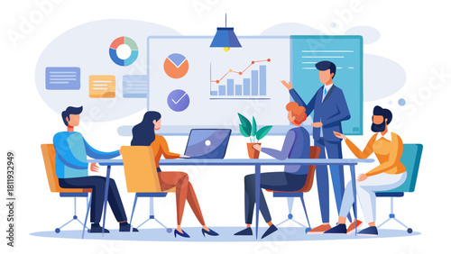 Business meeting presentation with charts and graphs