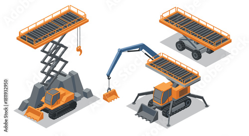 Construction machines in isometric style with aerial platforms and telescopic cranes