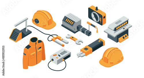 Isometric construction tools and safety equipment set