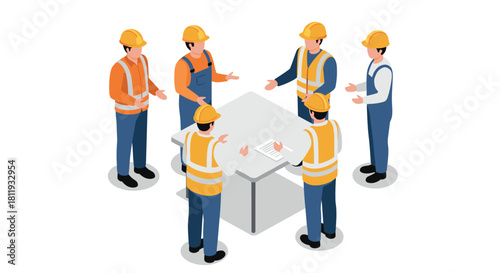 Construction team meeting in isometric style with engineers and workers discussing project