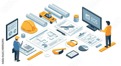 Construction project management isometric design with engineers and architectural plans