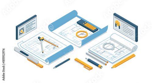 Isometric architectural drafting tools and blueprints for design projects