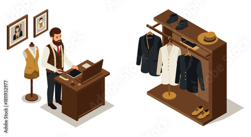 Isometric tailor shop scene with designer, suits, and accessories in elegant boutique setting