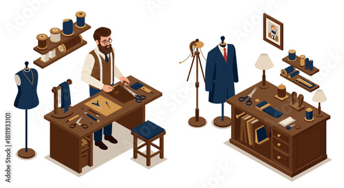 Isometric tailor workspace with sewing equipment and mannequin details
