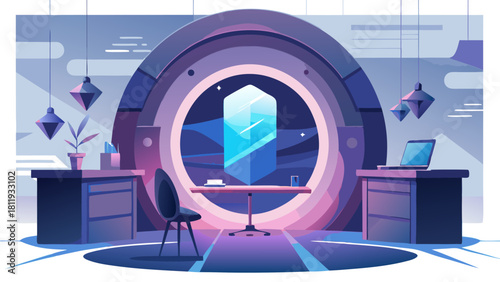 Futuristic workspace with a portal to another dimension