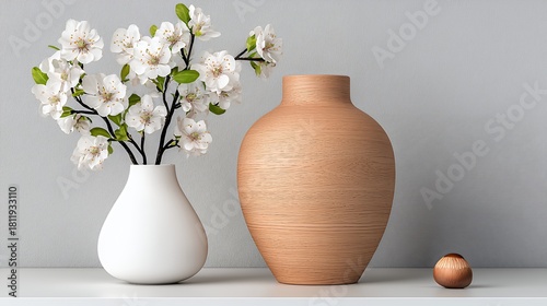 White and Brown Vases with Blooming Branch Still Life