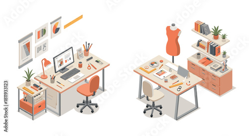 Creative office workspace with modern desk and fashion design elements in isometric style