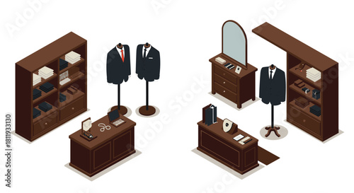 Isometric tailor shop interior with suits and wooden furniture design