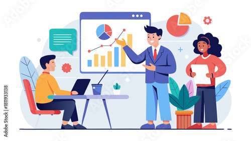 Business meeting with data presentation and team collaboration