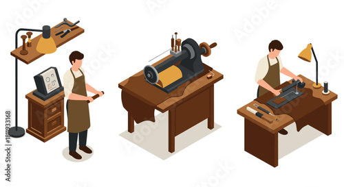 Isometric workshop scene with craftsmen and leatherworking tools