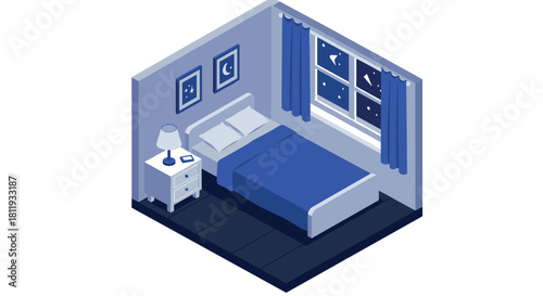 Cozy isometric bedroom at night with blue tones and night sky view