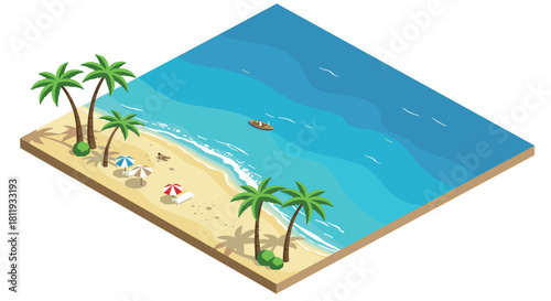Isometric beach scene with palm trees and boat on a tropical shoreline
