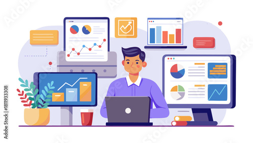 Man working with data analytics and charts on multiple screens