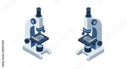 Isometric microscopes on white background: scientific equipment for research and education
