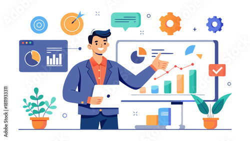 Business analyst presents growth charts and success metrics