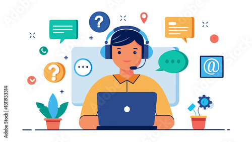 Customer support agent with laptop and communication icons