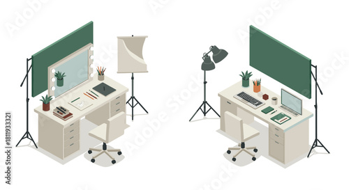 Modern isometric home office workspace with minimalist design elements