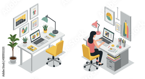 Isometric home office workspace with woman working at desk and modern decor