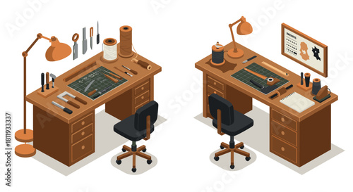 Isometric crafting workspace with tools and desk setup in warm tones