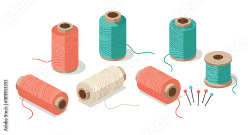 Colorful yarn and spools with pins set in isometric design for craft projects