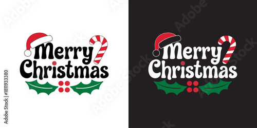 Festive Merry Christmas Greetings with Santa Hat and Candy Cane Design on White and Black Backgrounds for Holiday Cards and Seasonal Promotions, Spreading Joy and Cheer