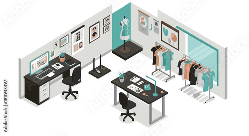 Fashion studio workspace in isometric 3d: design and creativity hub