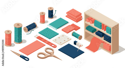 Isometric sewing tools and materials in a craft workshop with thread spools and fabric