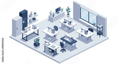 Modern office workspace with sewing machines in isometric style